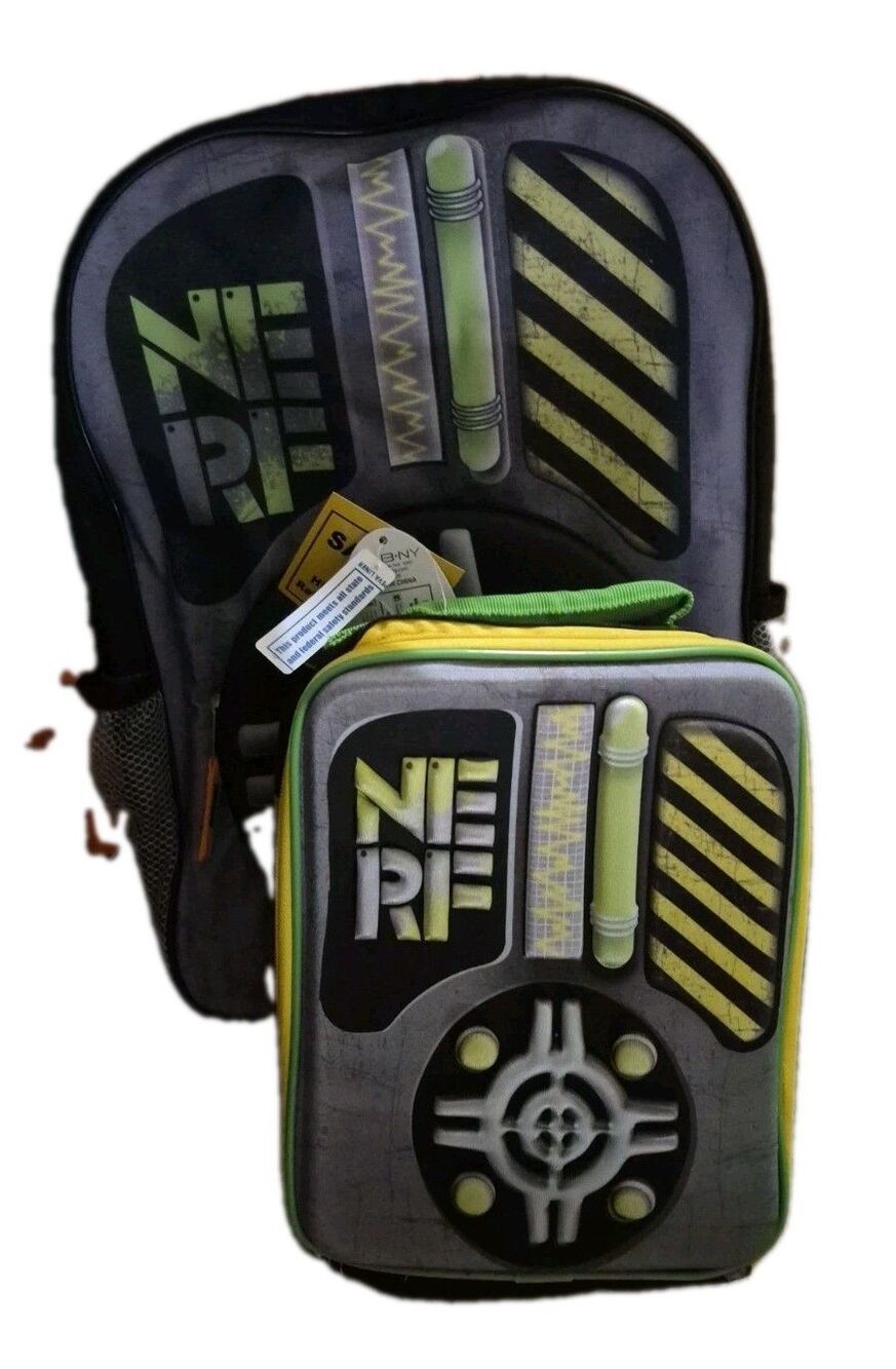 Nerf Target Black Green Backpack Lunch Box Set School Travel Book Bag New